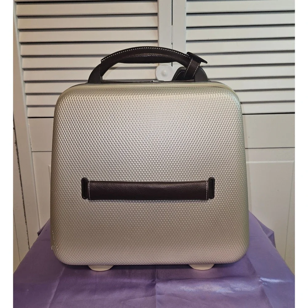Delsey Vintage Gold Hard Shell Vanity Train Case Travel Bag Brown Trim